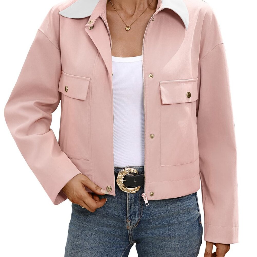 Cropped Barn Jacket Zip Up Snap Button Utility Po… - image 1